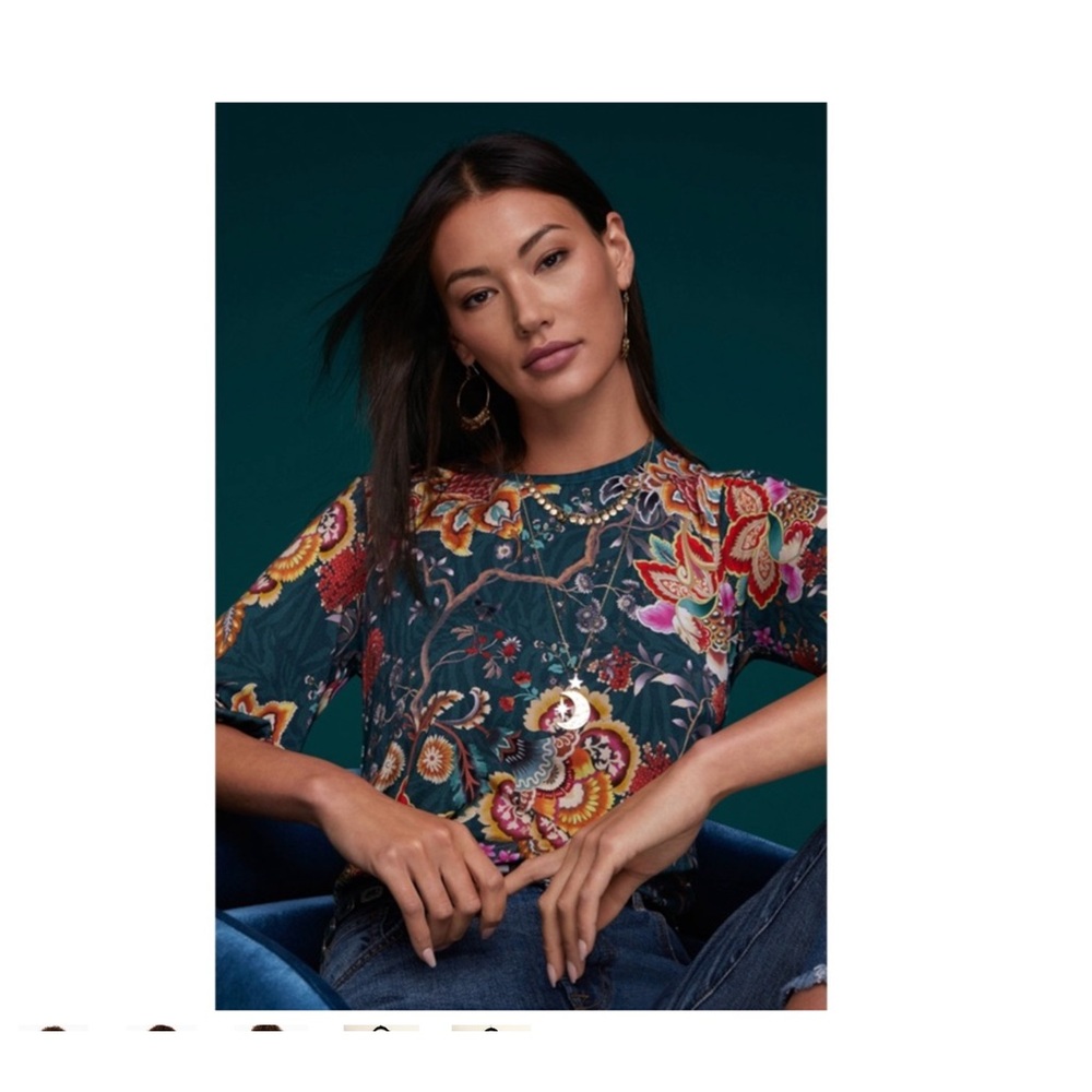 Johnny Was Orizaba Puff Sleeve Knit Green Floral Tee New